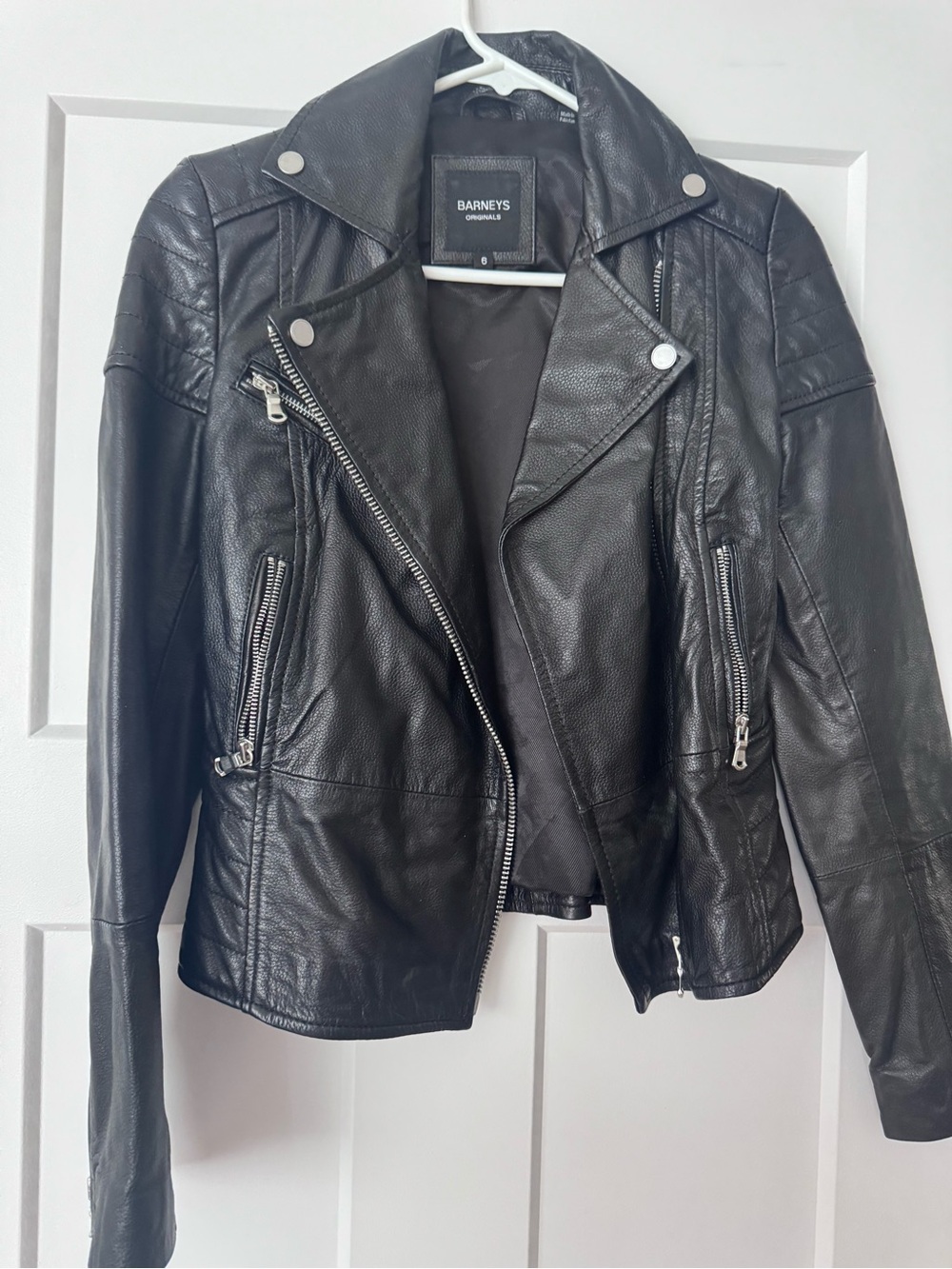 Barneys New York Black Leather Asymmetrical Zip Jacket